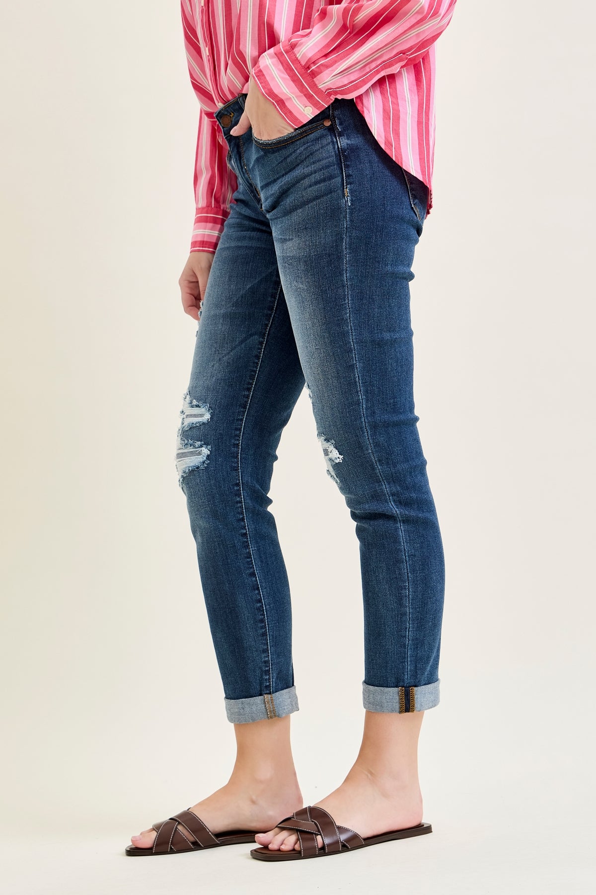 Aubree Mid Rise Distressed Boyfriend with Cuffed Hem