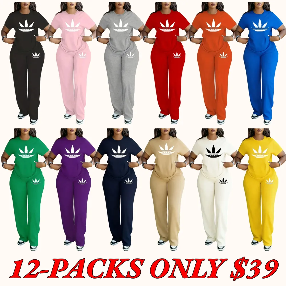 Plus-size women's spring/summer fashion printed round neck short-sleeved T-shirt and wide-leg pants two-piece set