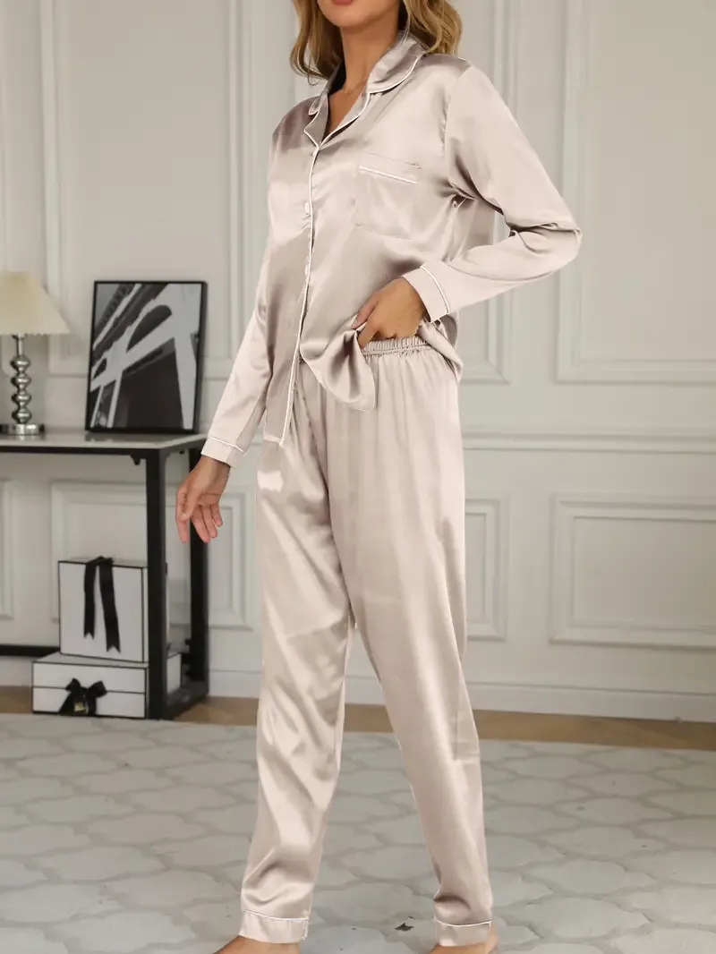 Solid Pajama Set, Long Sleeve Button Up Lapel Top & Pants Pj Set - Women's Sleepwear & Loungewear