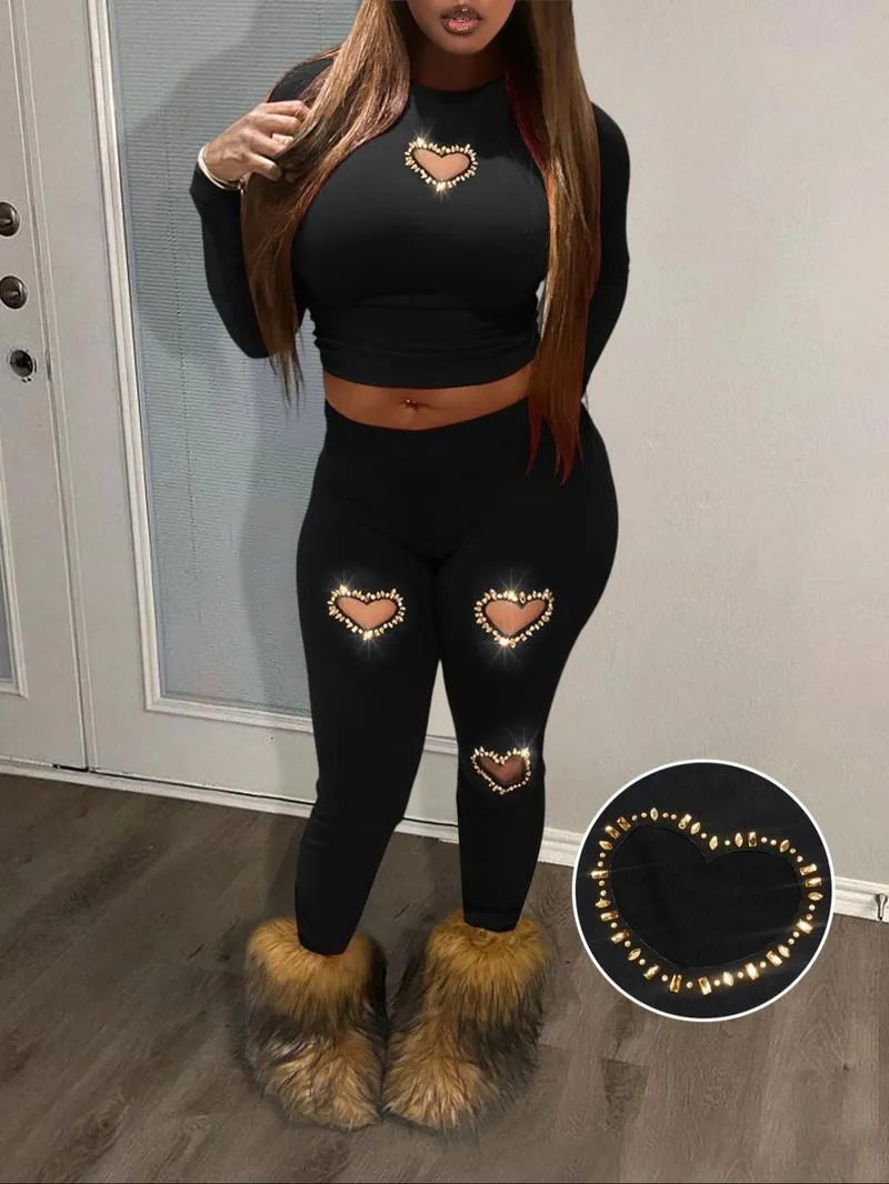 Two-Piece Set Women's Rhinestone Heart Decor Cut Out Crop Top & Skinny Pants Set