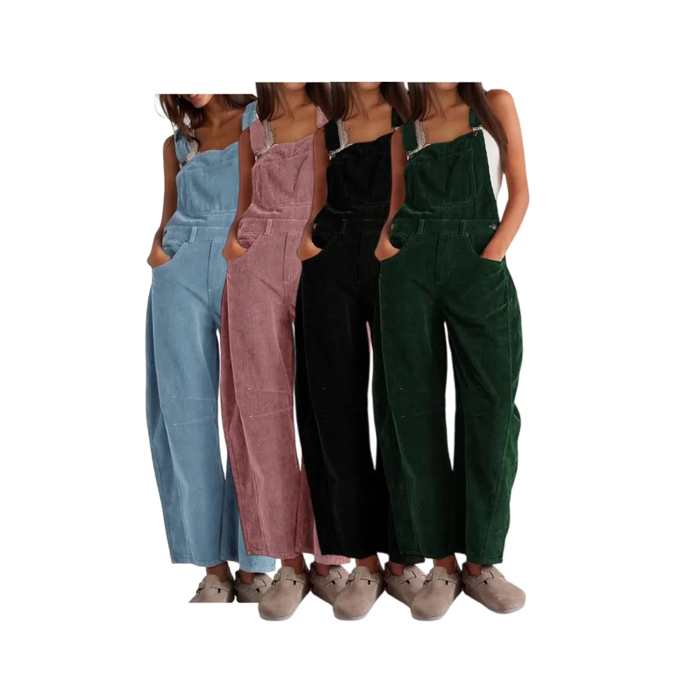 Women's Corduroy Overalls Barrel Wide Leg Bib Pants