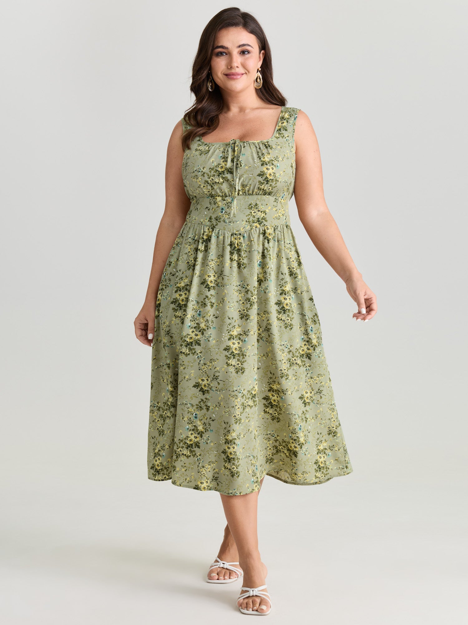 Floral Print Adjustable Bust-Tie Pockets Midi Dress