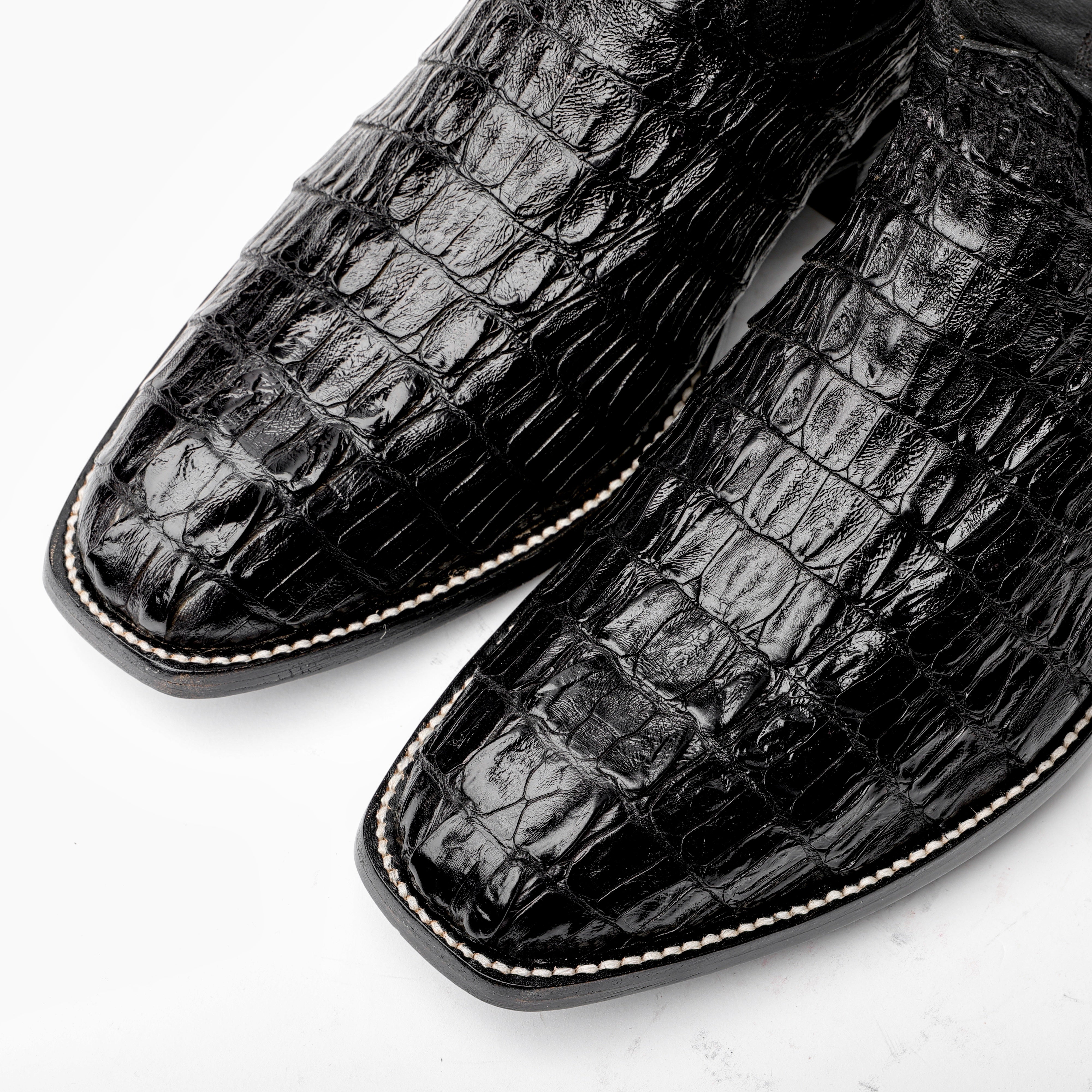 Black GENUINE Caiman Tail Boots - French Toe