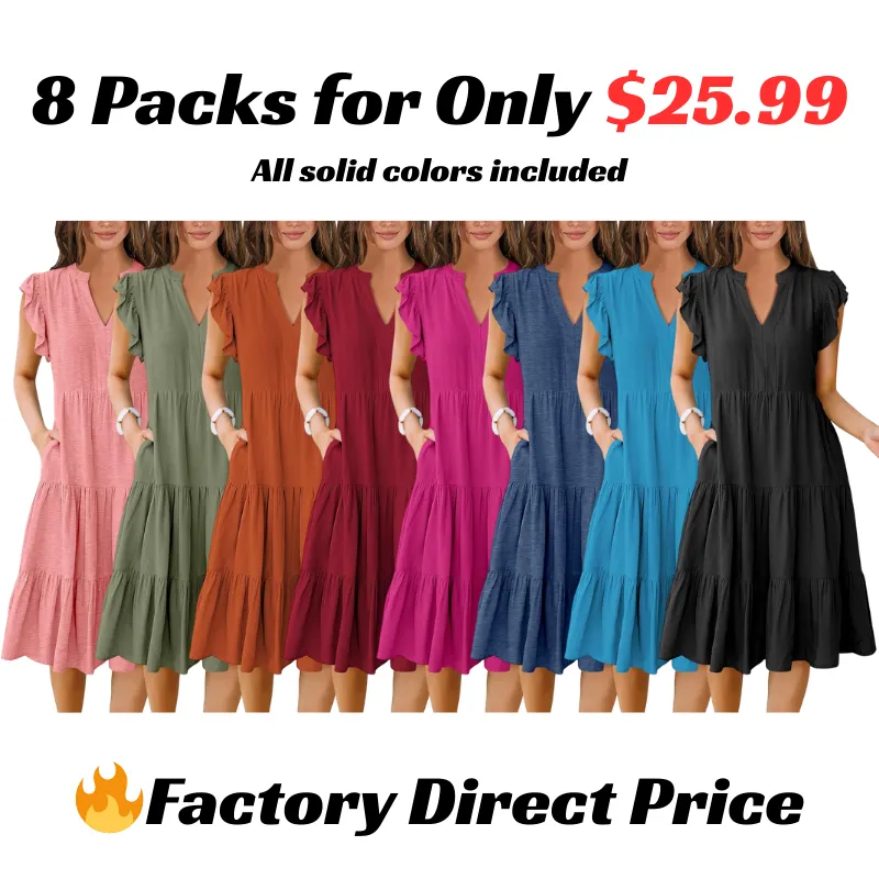 Women's Ruffle Sleeve V-Neck Tiered Midi Dress