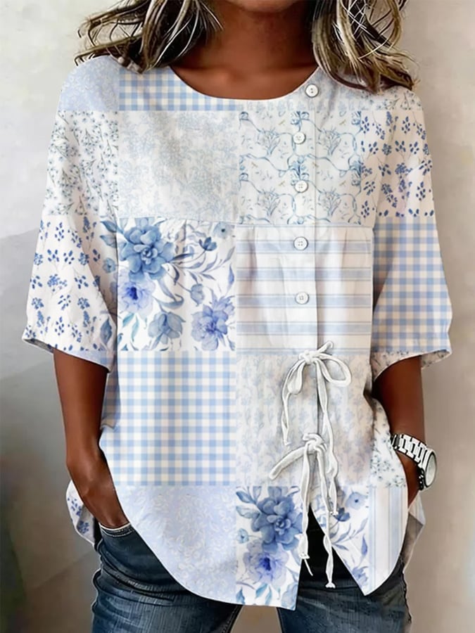 Women's Retro Floral Button Lace Up Tie Shirt- Fast Shipping