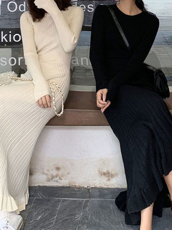 Ruffled Solid Color Long Sleeves Loose Round-Neck Sweater Dresses Midi Dresses