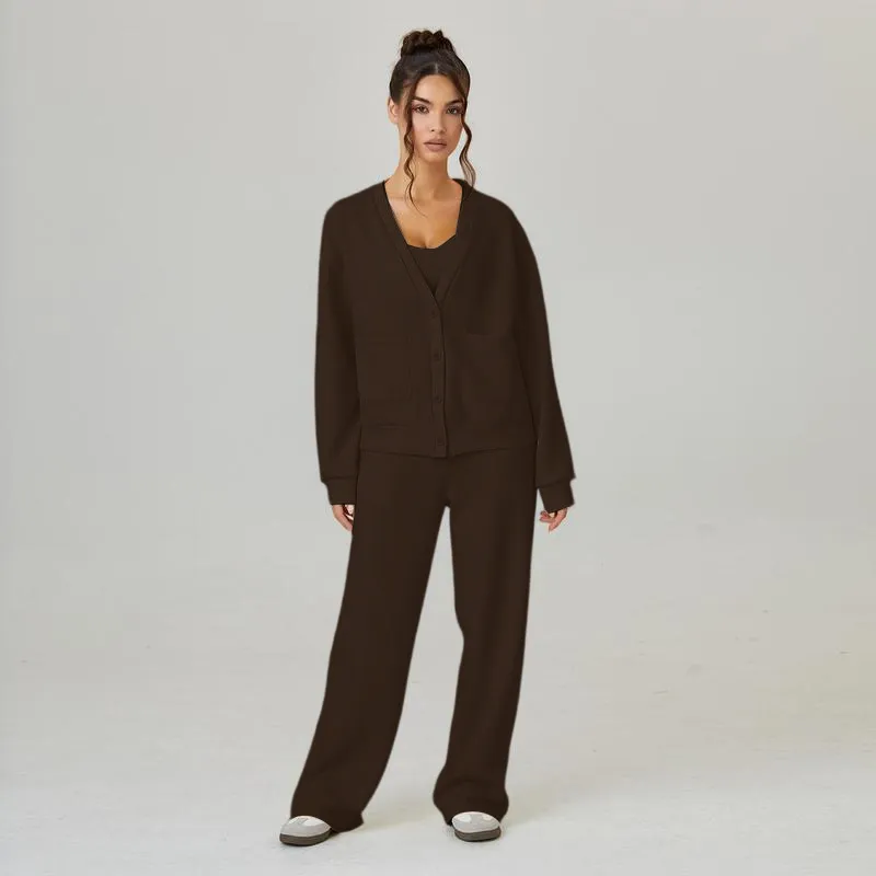 Women's Slouchy Solid Color V Neck Long Sleeve Button Cardigan & Drawstring Waist Trousers Co-ord