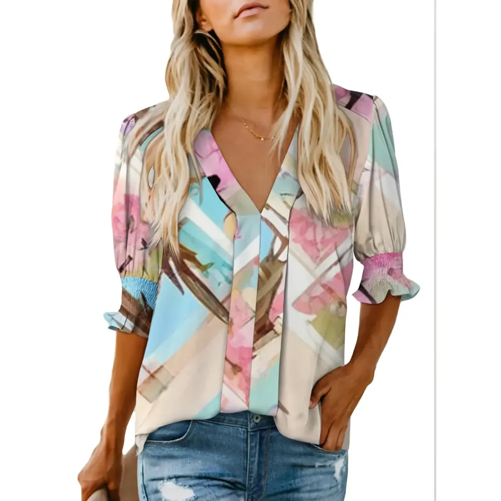 Womens Graphic Solid V Neck T Shirts Tops Casual Ruffle Short Sleeve Blouses Boho Floral