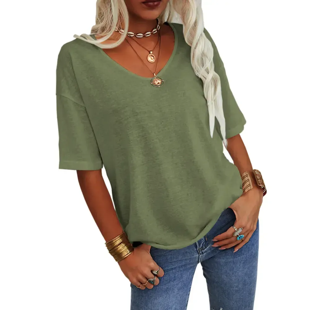 Women Soft V Neck Tshirt Half Sleeve Lightweight Solid Color Loose Fit Minimalist Top