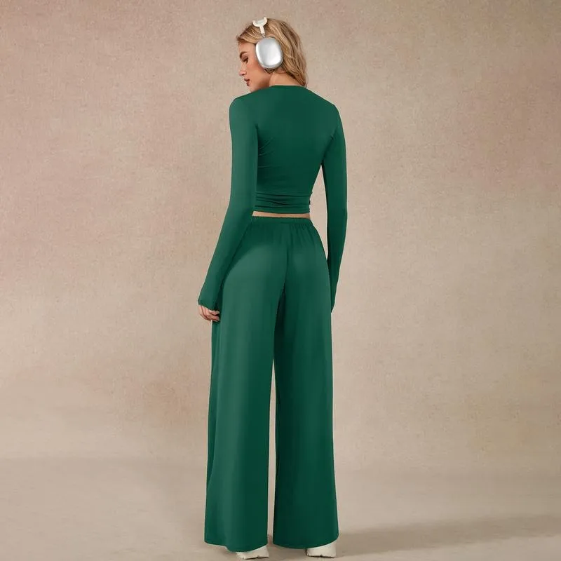 Women's 2-Piece Activewear Set Long-Sleeve Crop Top & Wide-Leg Pants Stretchy Fabric