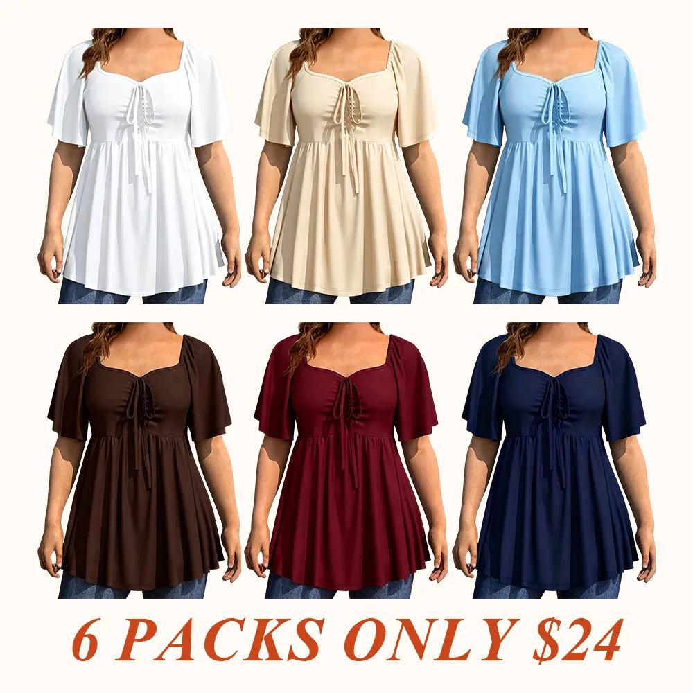 Plus Size Solid Color Rhinestone Collar Tie Front Short Sleeve Simple Casual T-Shirt