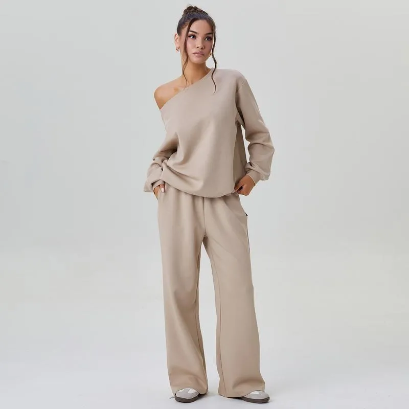 Women's Leisure Solid Color Sloping Shoulder Long Sleeve Top & Wide Leg Trousers Co-ord