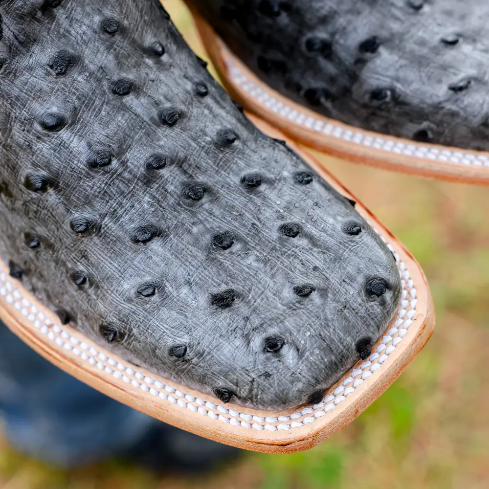 Grey Ostrich Leather Boots - Square Toe