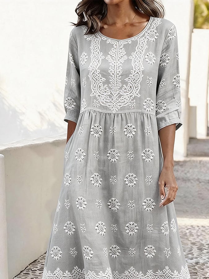 Women's Casual Round Neck Half Sleeve Contrast Print Dress- Fast Shipping