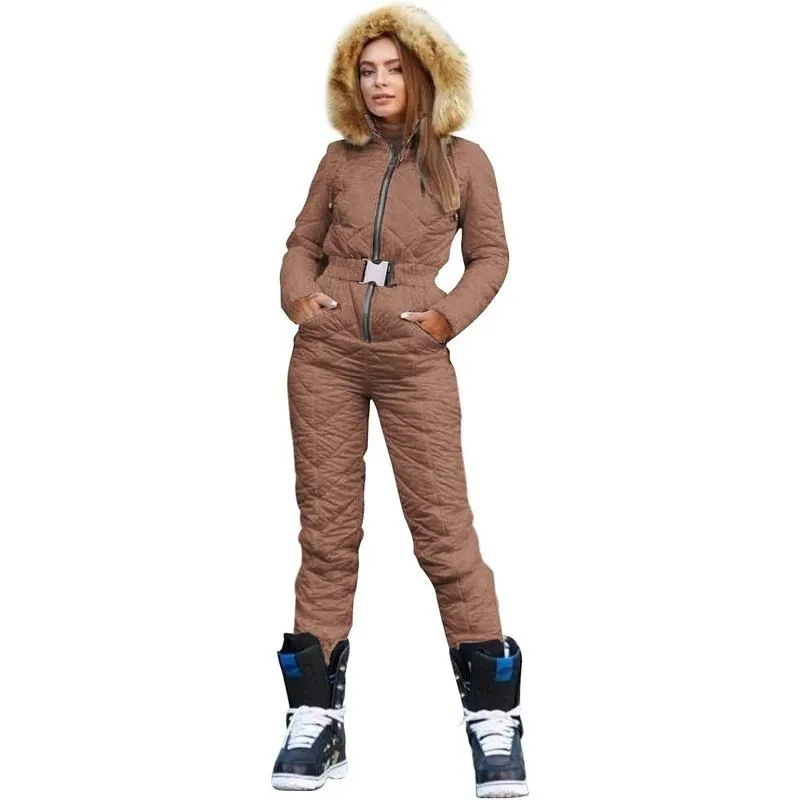 Women's Winter Ski Suit One-Piece Hooded Fur Collar Jumpsuit