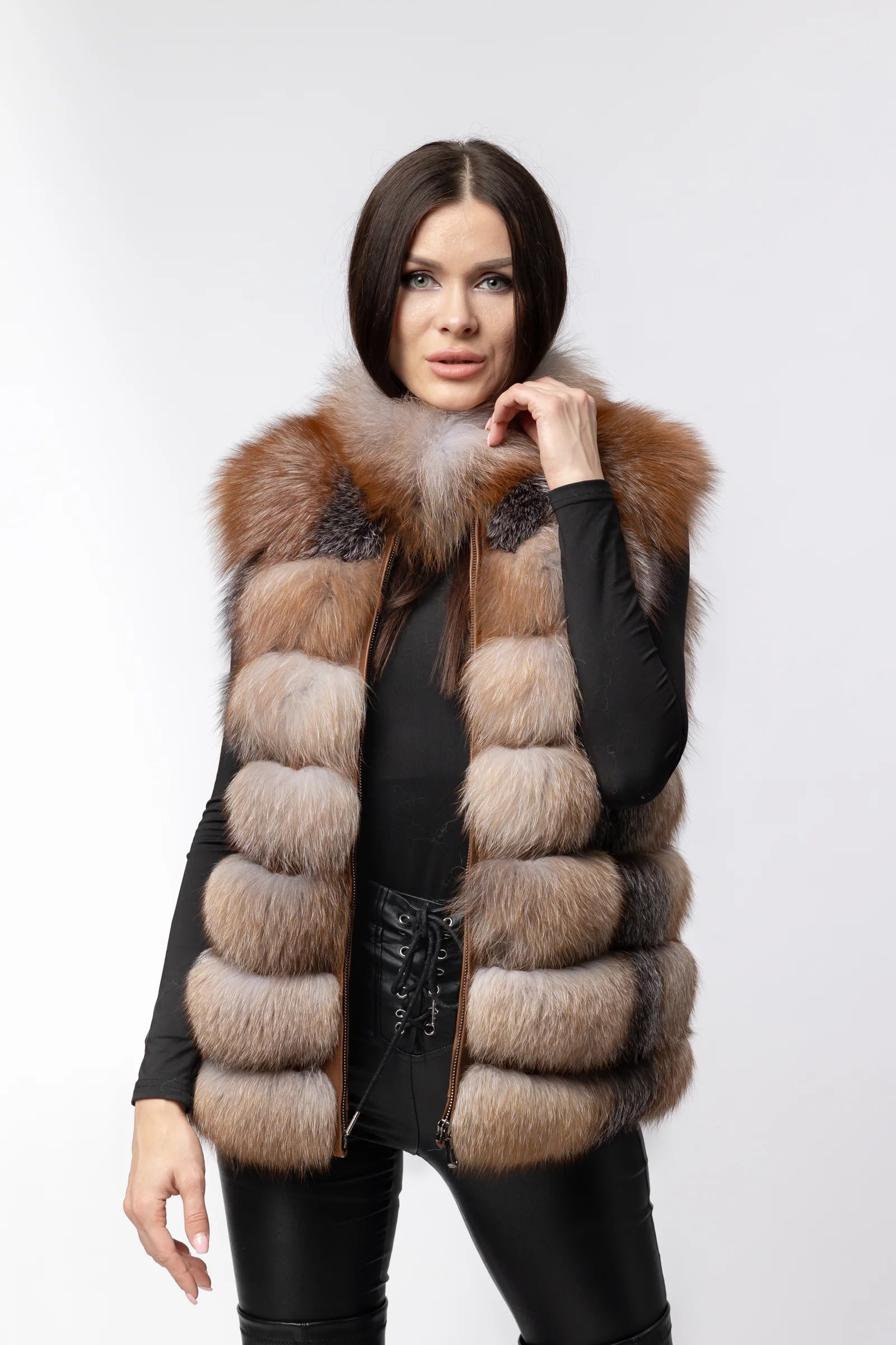 Haină din Blană Naturală de Vulpe, Guler Tunică, Transformabilă, Femei, Brown Frost 271