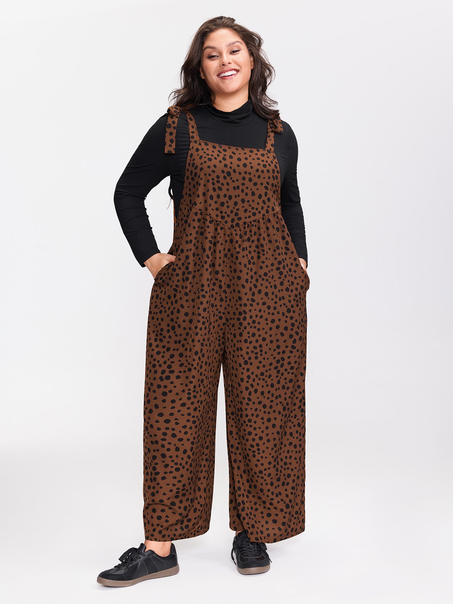 Leopard Print Pockets Shoulder Ties Jumpsuit