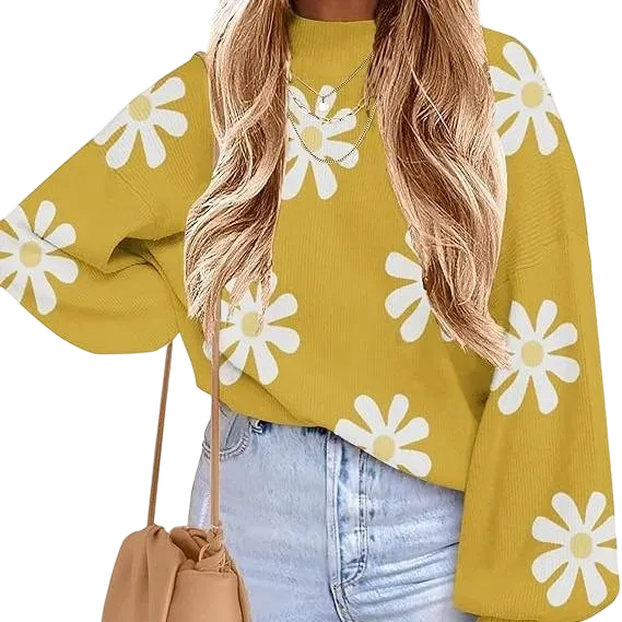 Women's high-neck long-sleeved loose lantern knit sweater