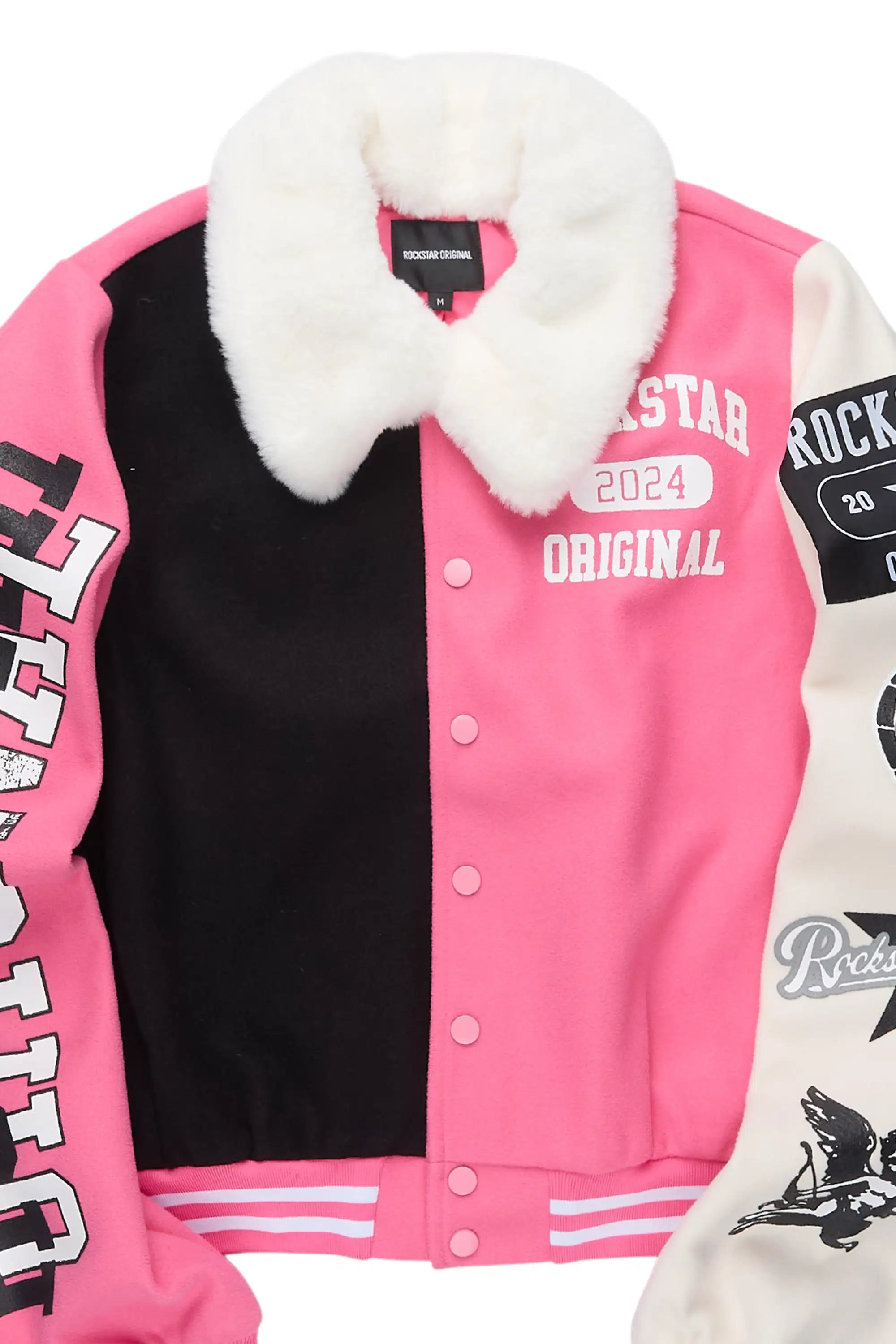 Kisha Pink/Black/White Fur Collar Varsity Jacket
