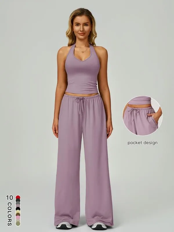 Women's Solid Crop Tank Top & Wide Leg Pants Set