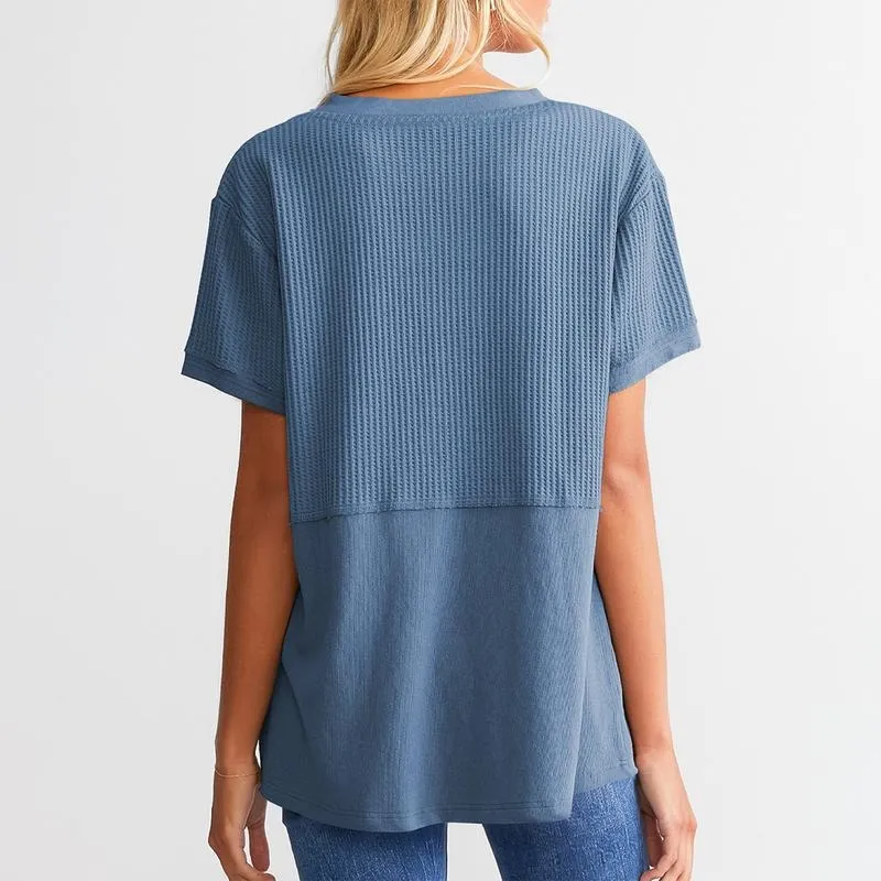 2026 Spring/Summer Cozy Oversized Waffle Knit V-Neck Top Women's Short Sleeve Pullover