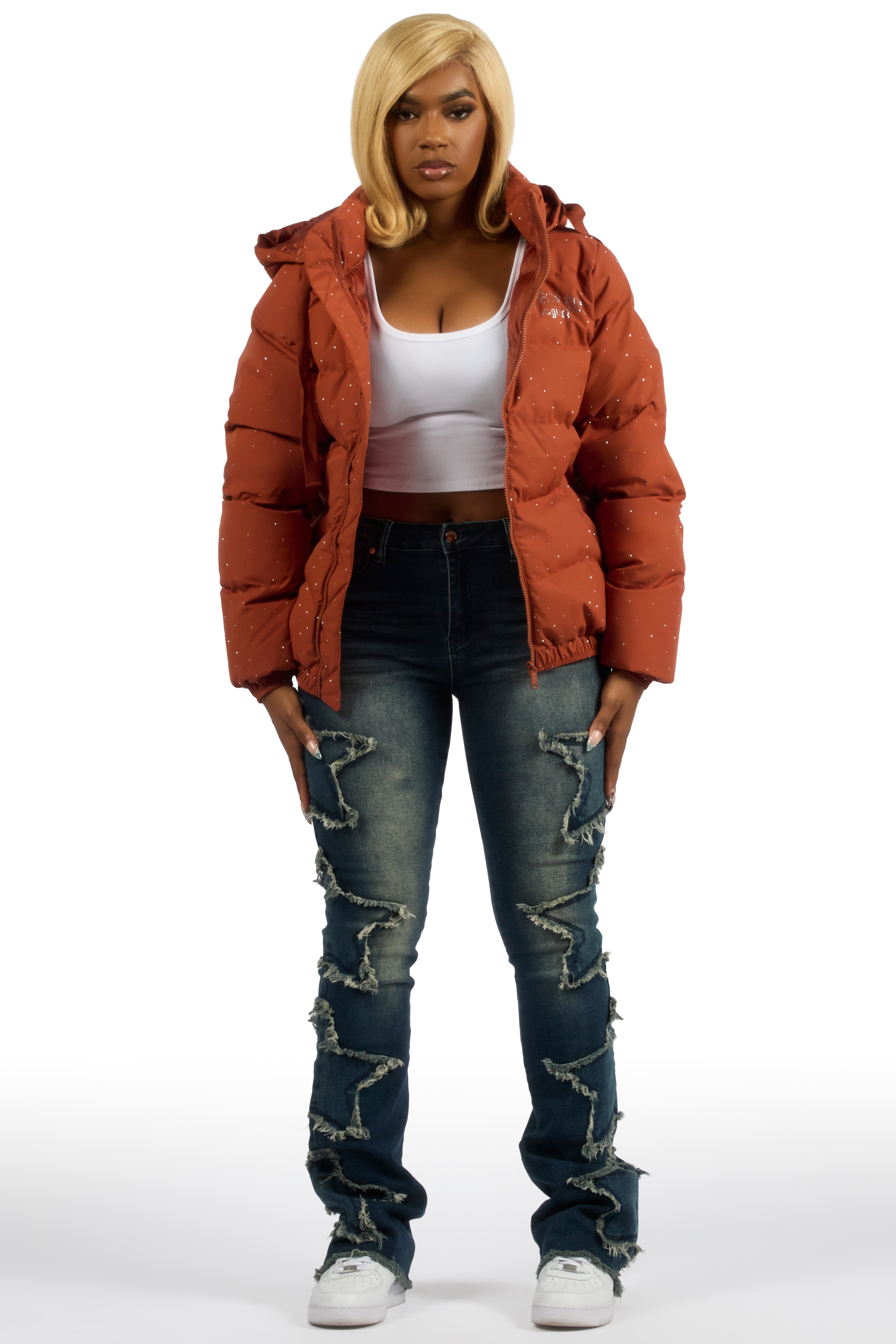 Onellia Mocha Rhinestone Puffer Jacket