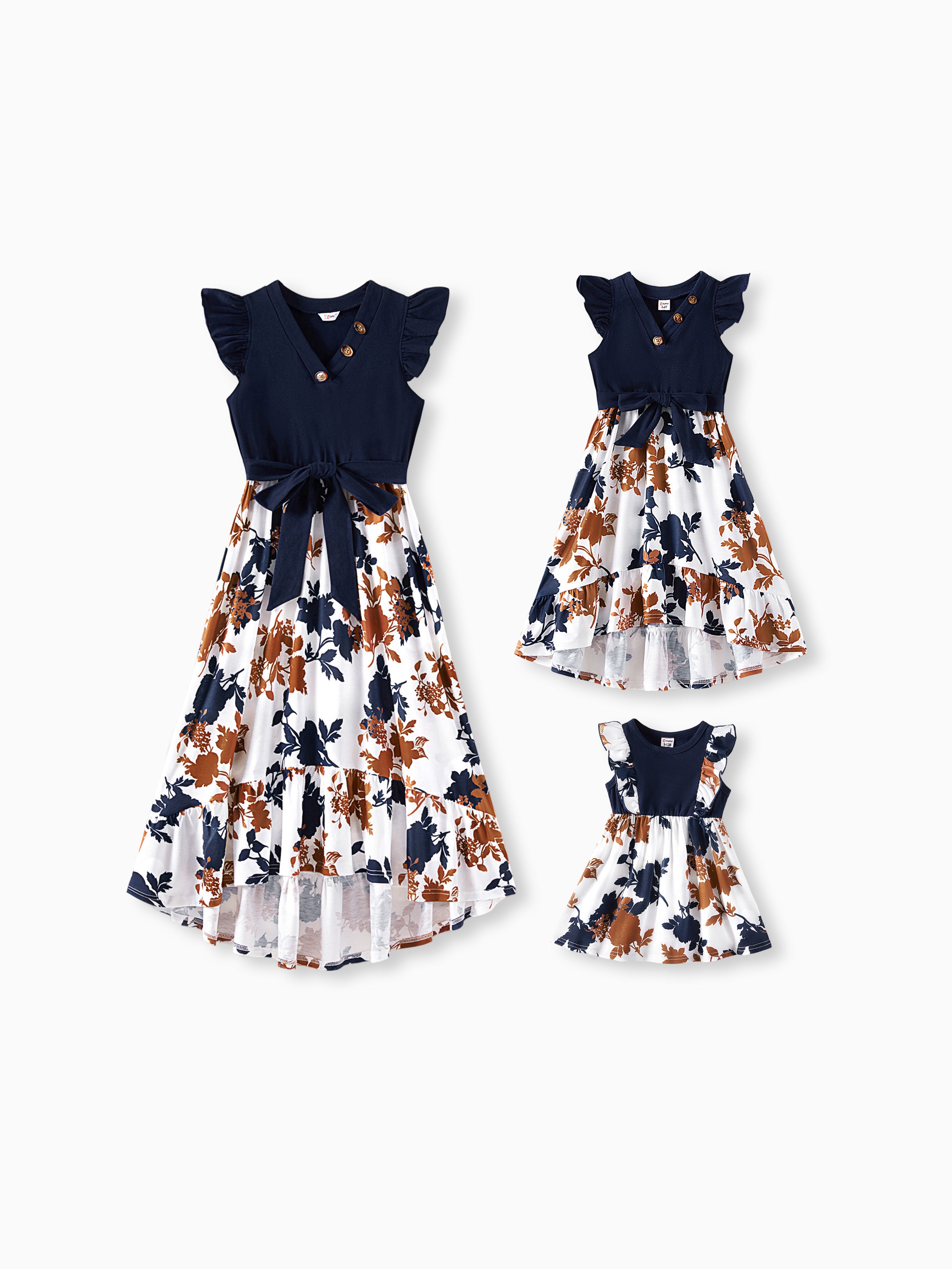 Mommy and Me Family Matching Casual Dress or T-Shirt, Solid Color, Fabric Stitching royalblue