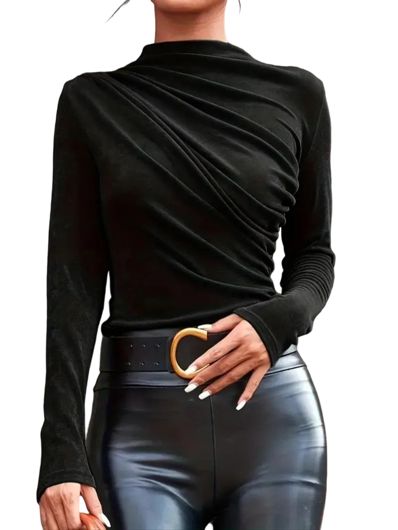 Women's solid color pleated turtleneck T-shirt