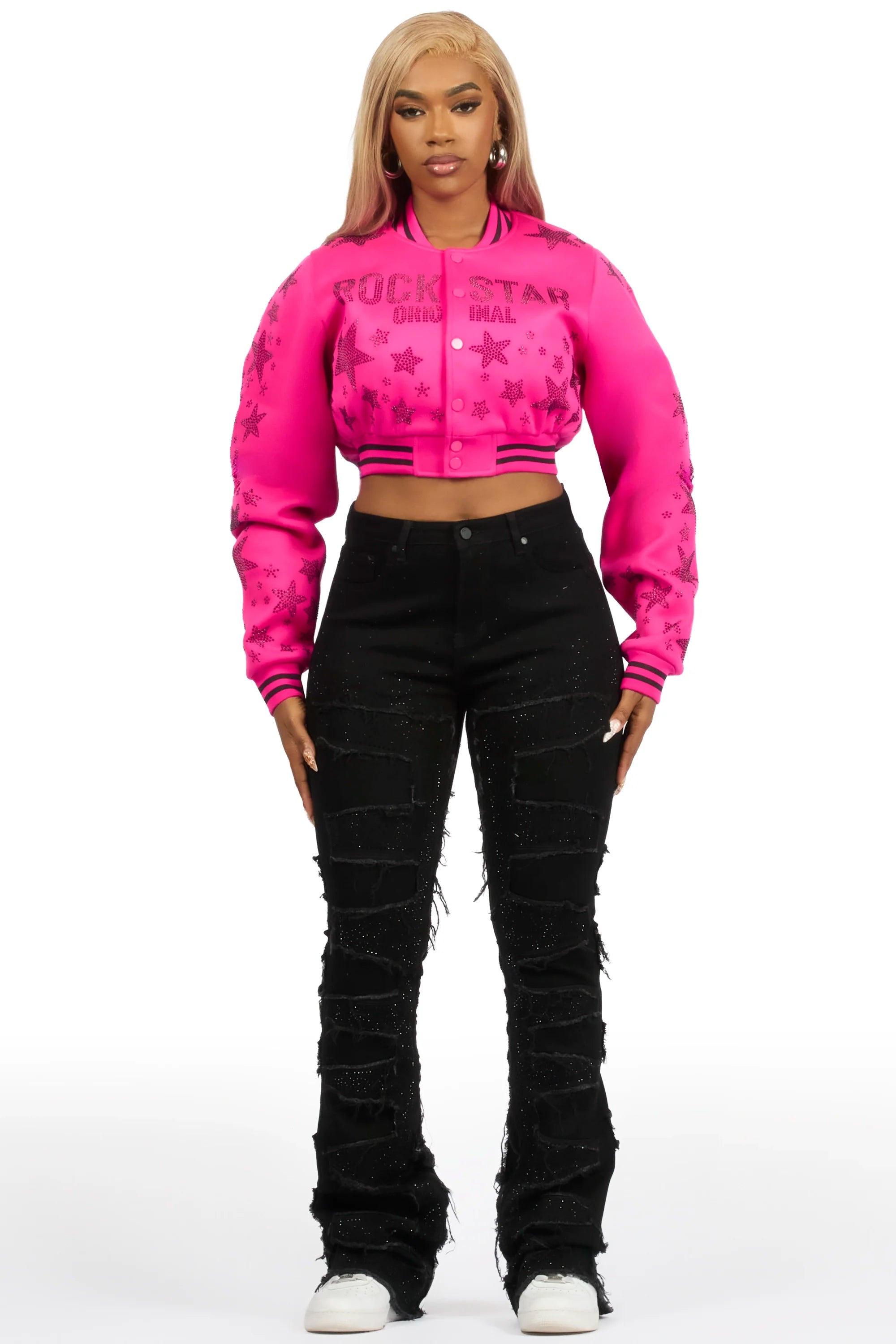 Shanda Hot Pink Crop Rhinestone Varsity Jacket