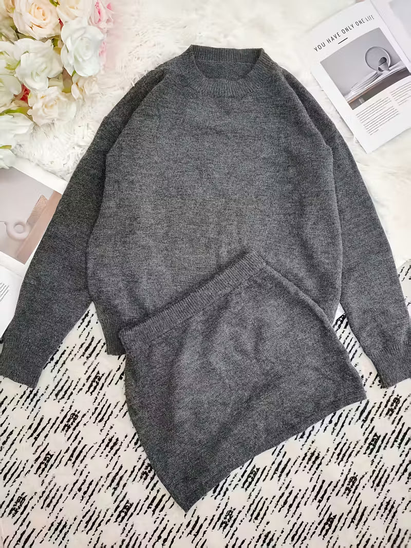 Fashion Grey Mohair Knitted Sweater 2 Pieces Skirt Sets Women Chic Oversized O-Neck Cropped Pullover Suits Lady Commute Outwear