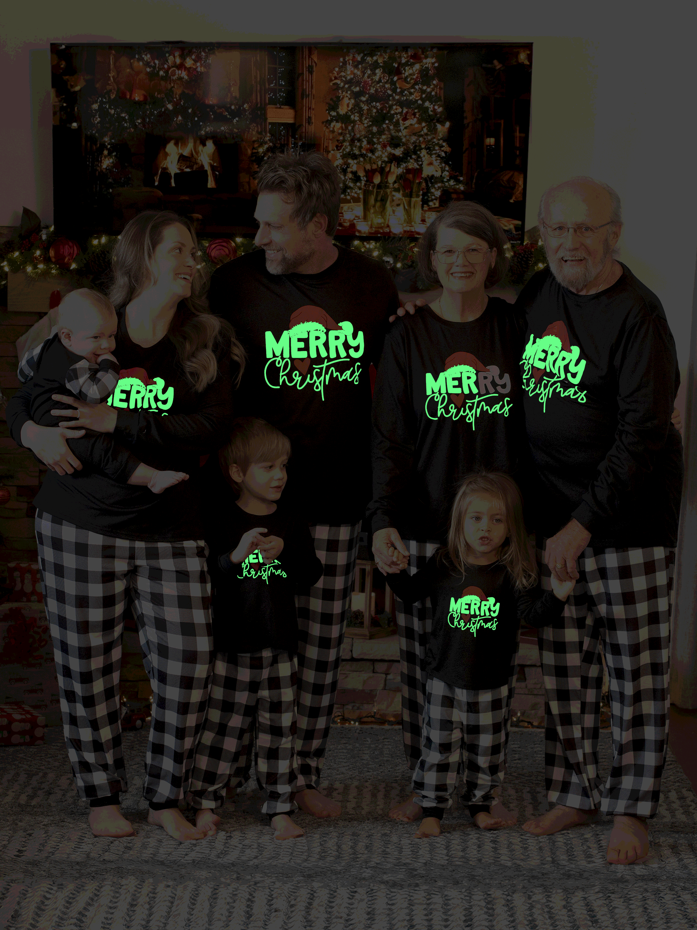 Christmas Family Matching Glow In The Dark Letters Print Long-sleeve Pajamas Sets with Christmas Socks Black+White