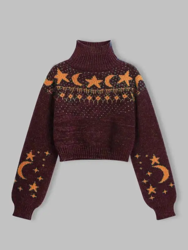 Women's Moon & Star Pattern High Neck Sweater