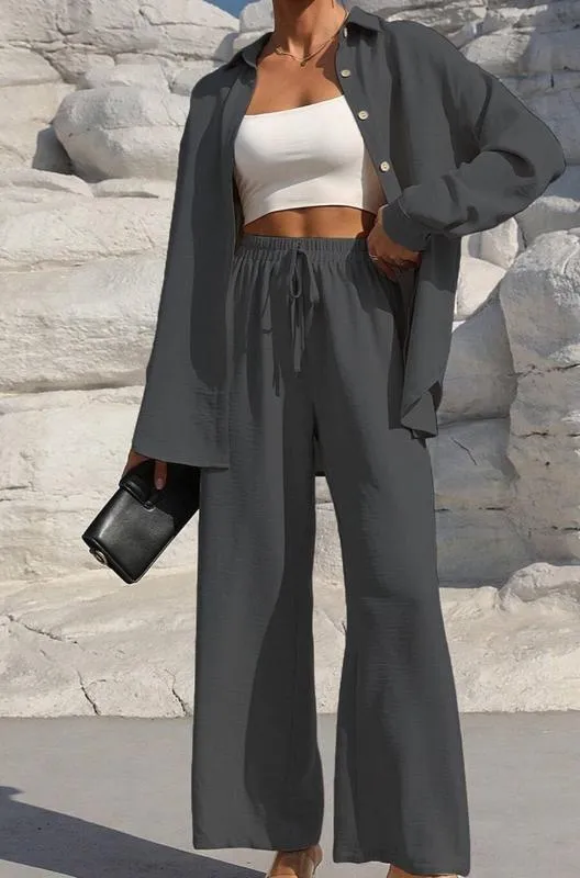 Women's Solid Button Front Shirt & Tie Front Wide Leg Pants (Under $3 a set!)