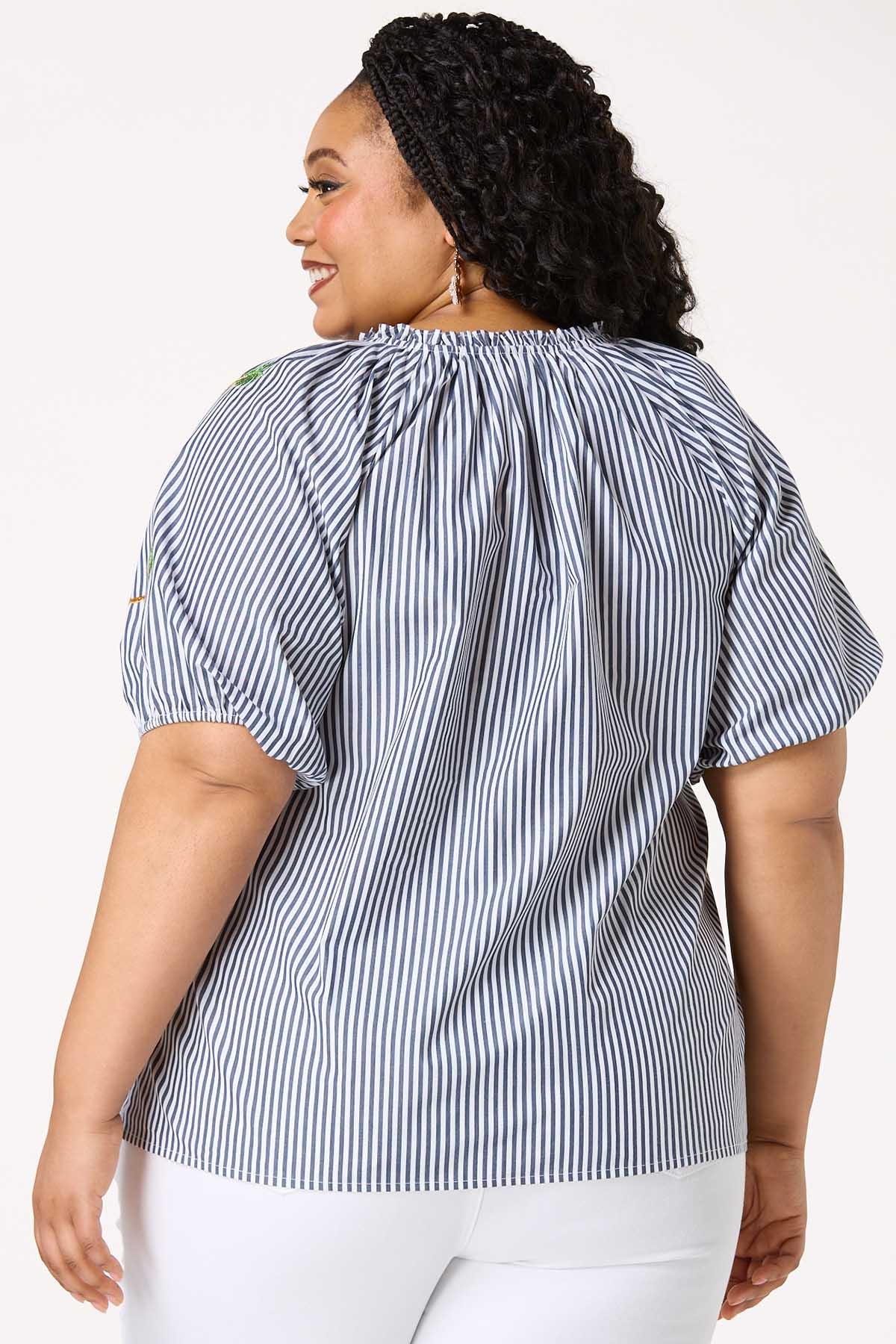 Plus Size Stripe Embroidered Palm Tree Top