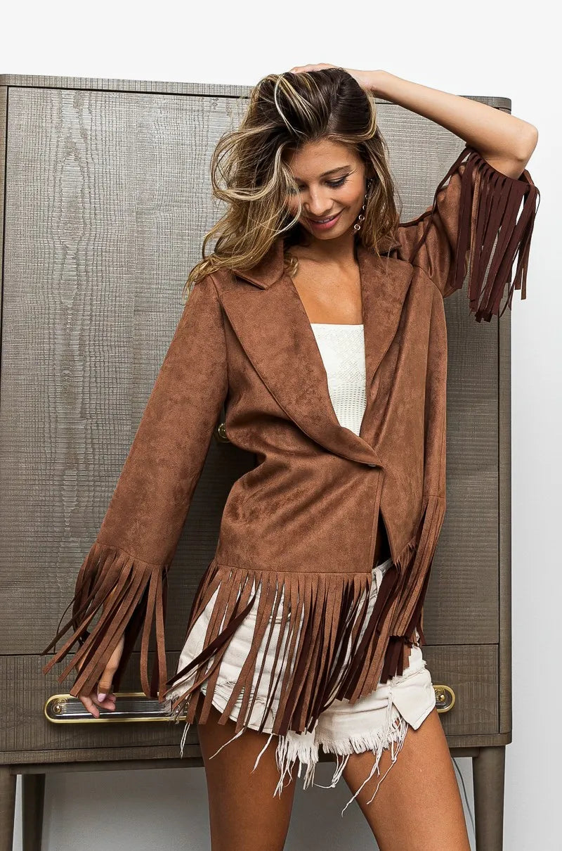 Suede Single Blazer with Fringed Hem