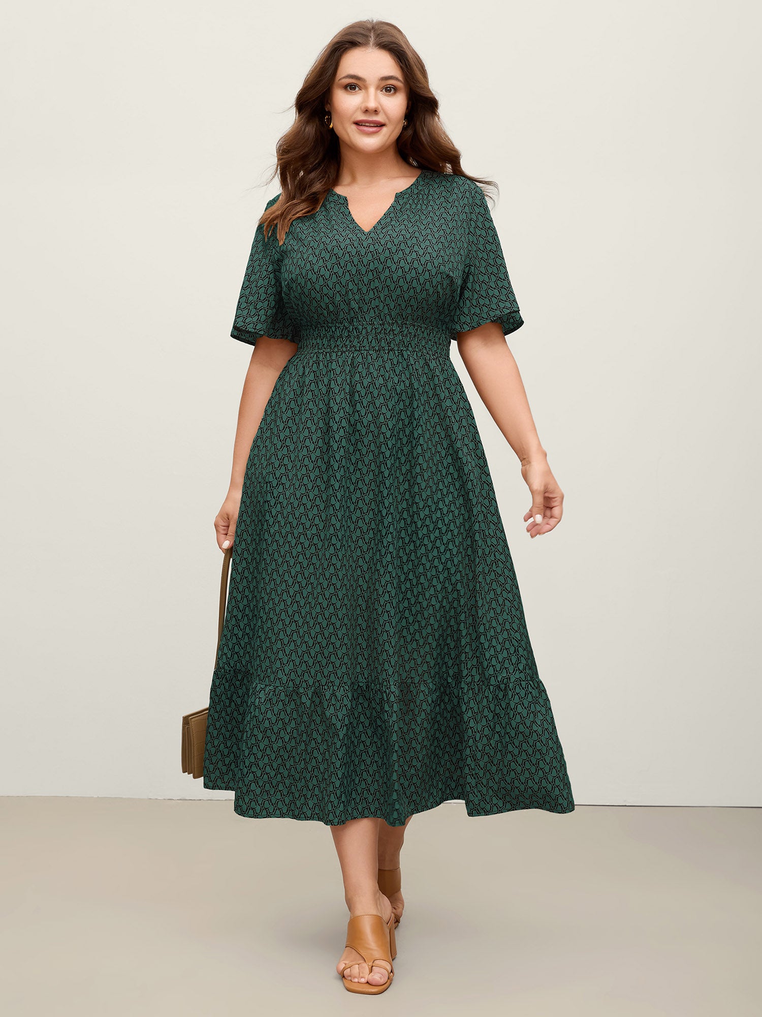 Geometric Print Waist-Cinched Tiered Midi Dress