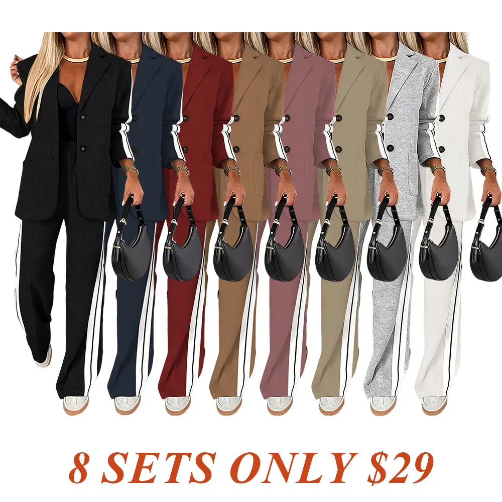 Women's Striped Print Blazer Jacket & Wide Leg Pants Set