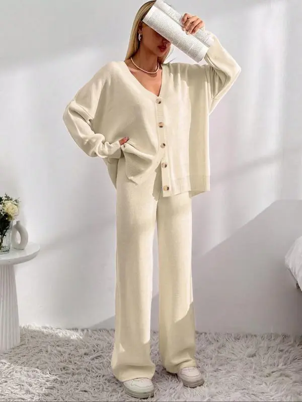 Women's Longsleeves  Cardigan & Wide Leg Pants Two-piece Set