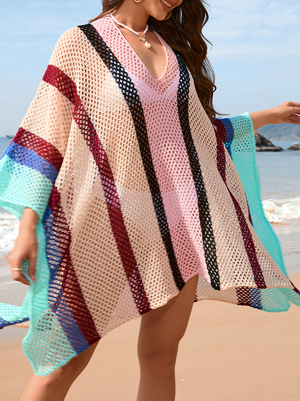 Hollow Striped Sun Protection Batwing Sleeves Loose V-Neck Beach Cover-Up