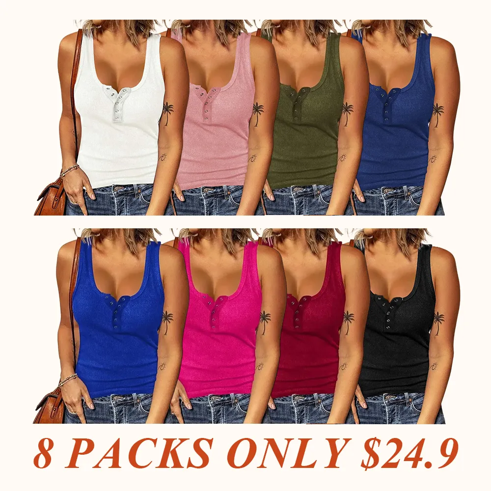 Women's Summer Vest Ribbed Tank Tops Crew Neck Button Down Sleeveless Tunic Blouse