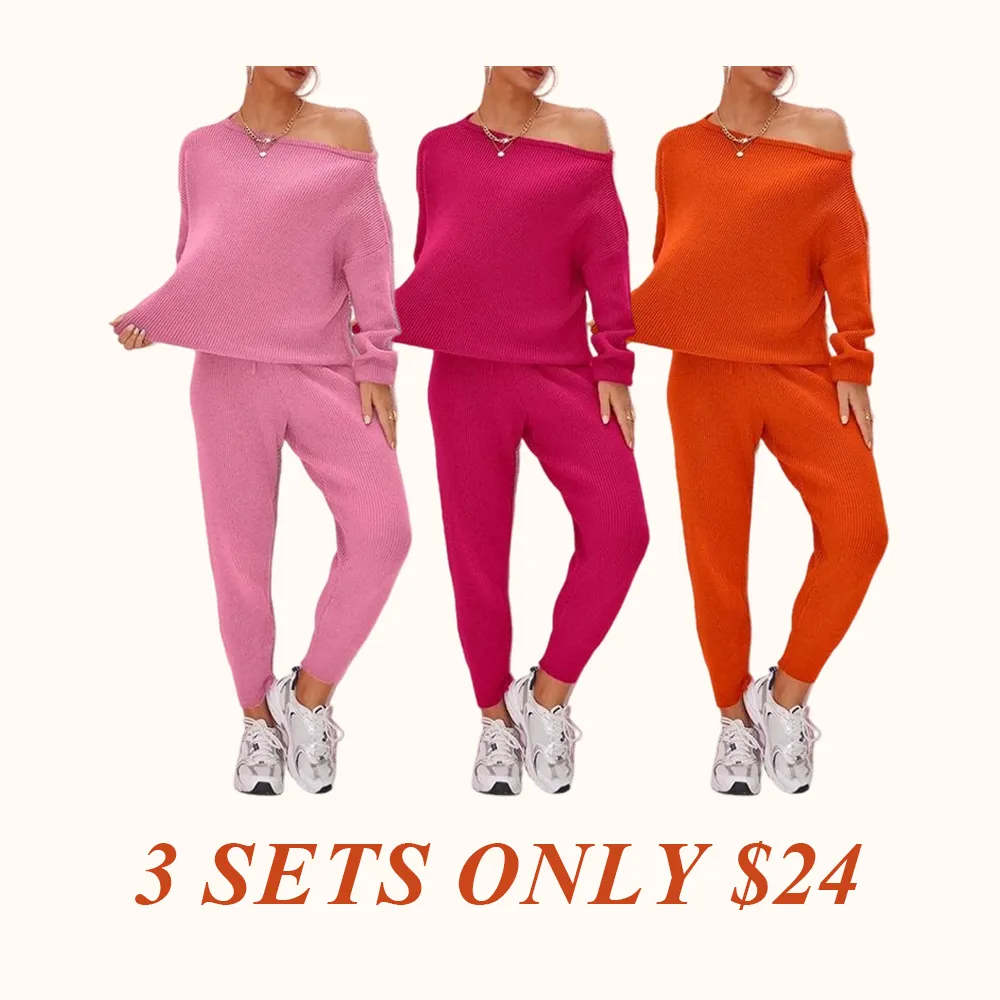 Women's 2025 Fall Winter Knit Set Oversized Sweater & Lounge Pants Matching Sets