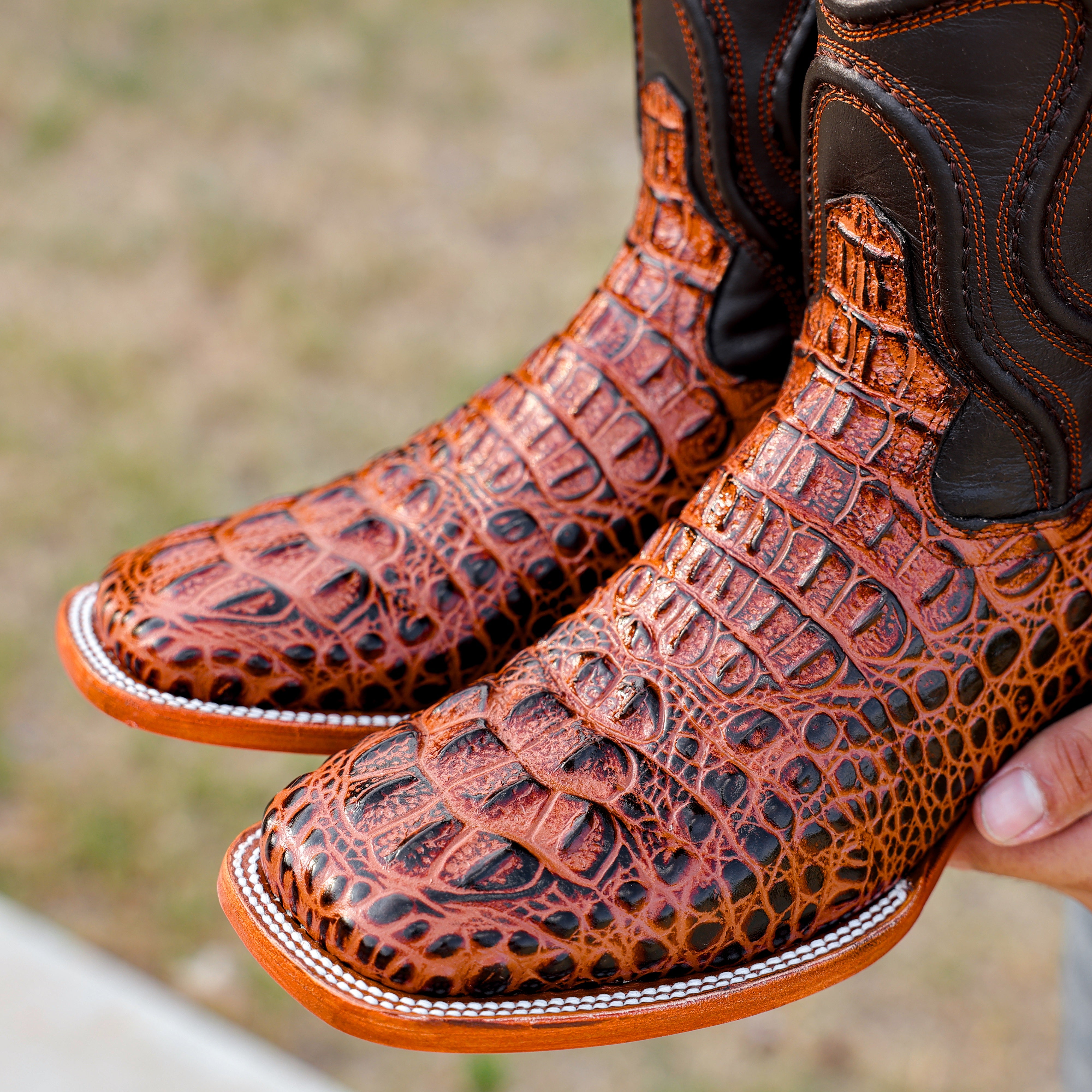 Cognac Caiman Neck Leather Boots - Square Toe