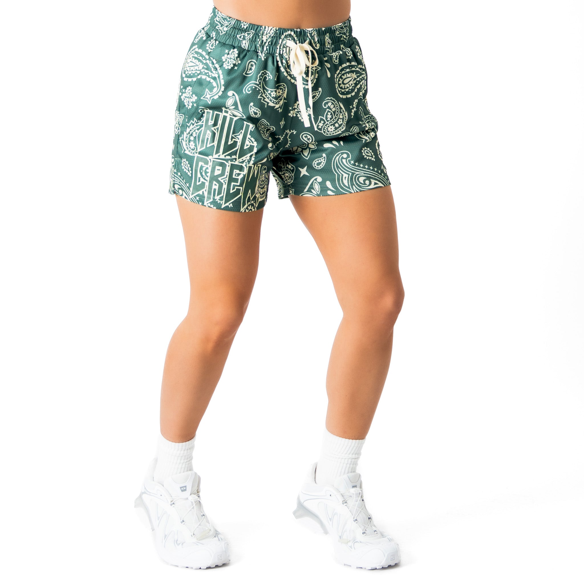 MUAY THAI SHORTS (MID THIGH CUT) BANDANA - GREEN / CREAM