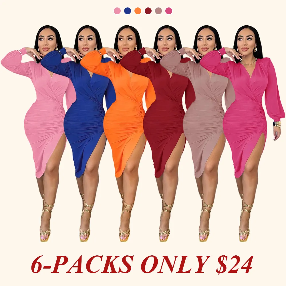 Women's Plain Ruched Wrap Split Thigh Bodycon Dress