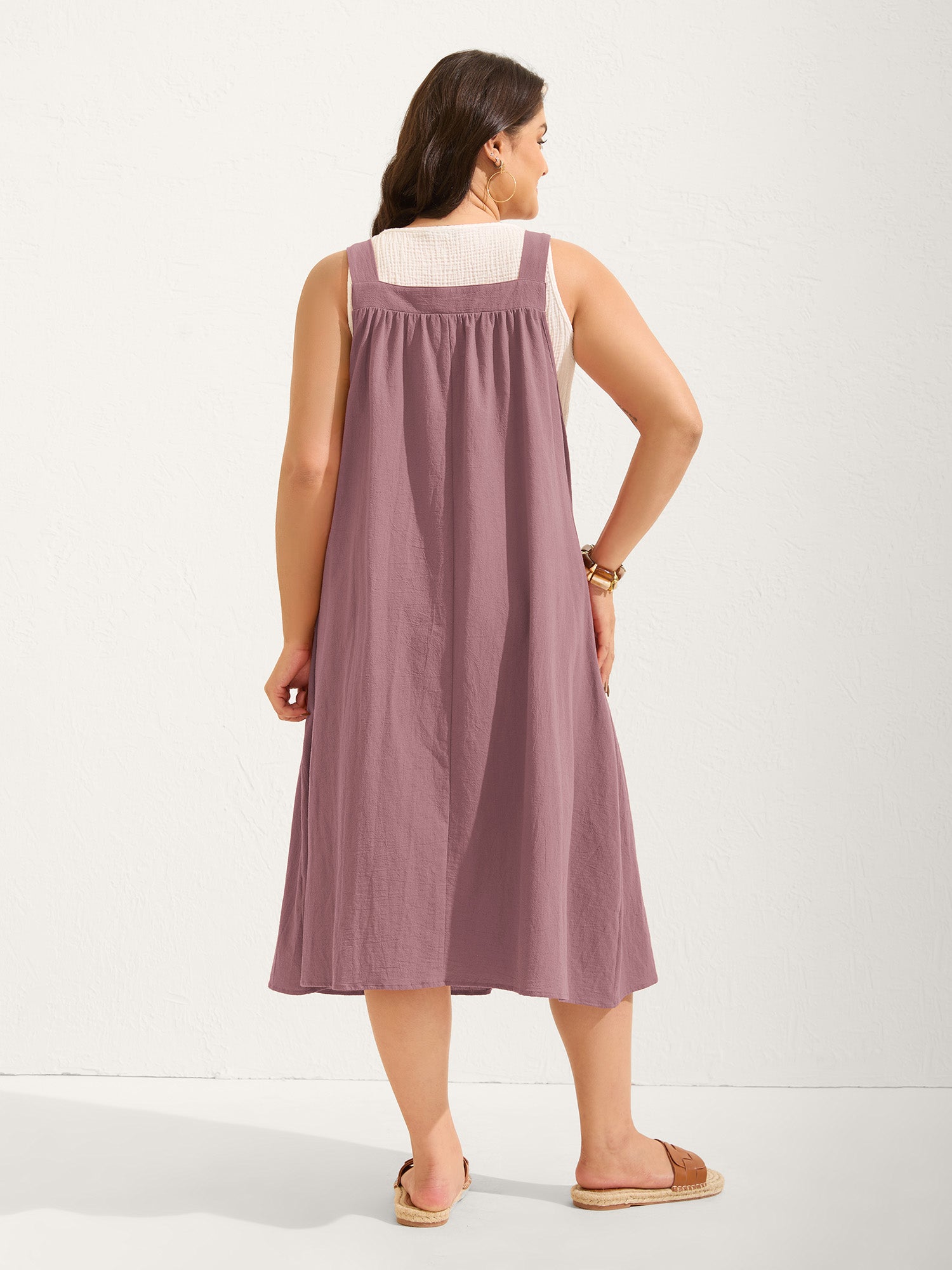 Pure Cotton Pleated Pockets Midi Dress