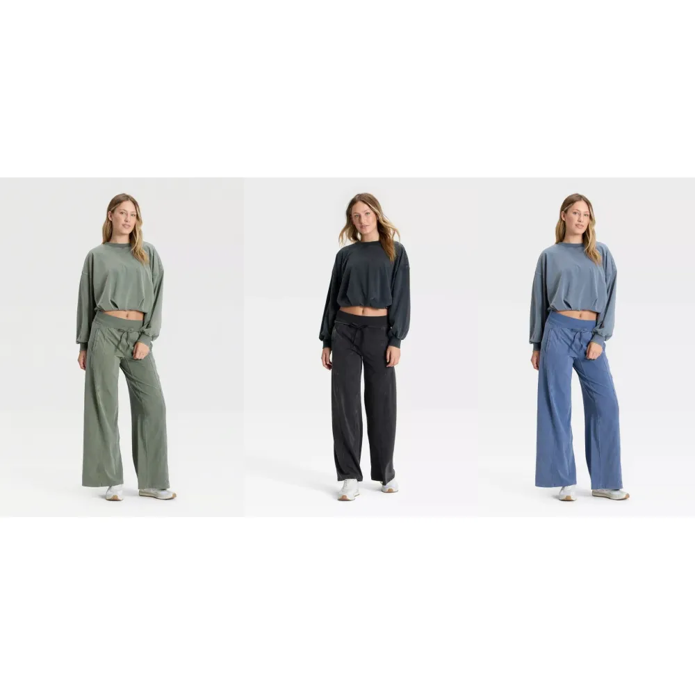 Women's Bubble Hem Long Sleeve Top & Wide Leg Pants Set