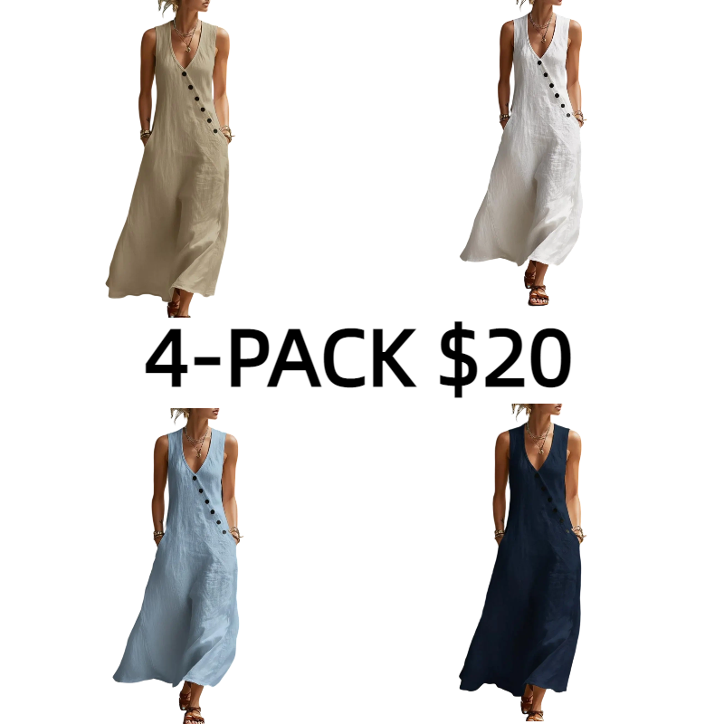 Perfect for Beach, Vacation & Brunch! Sleeveless V-Neck Button Detail Casual Dress with Pockets