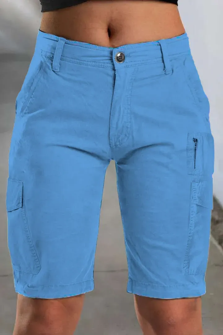 Solid Multi Pocket Mid Rise Bermuda Cargo Shorts
