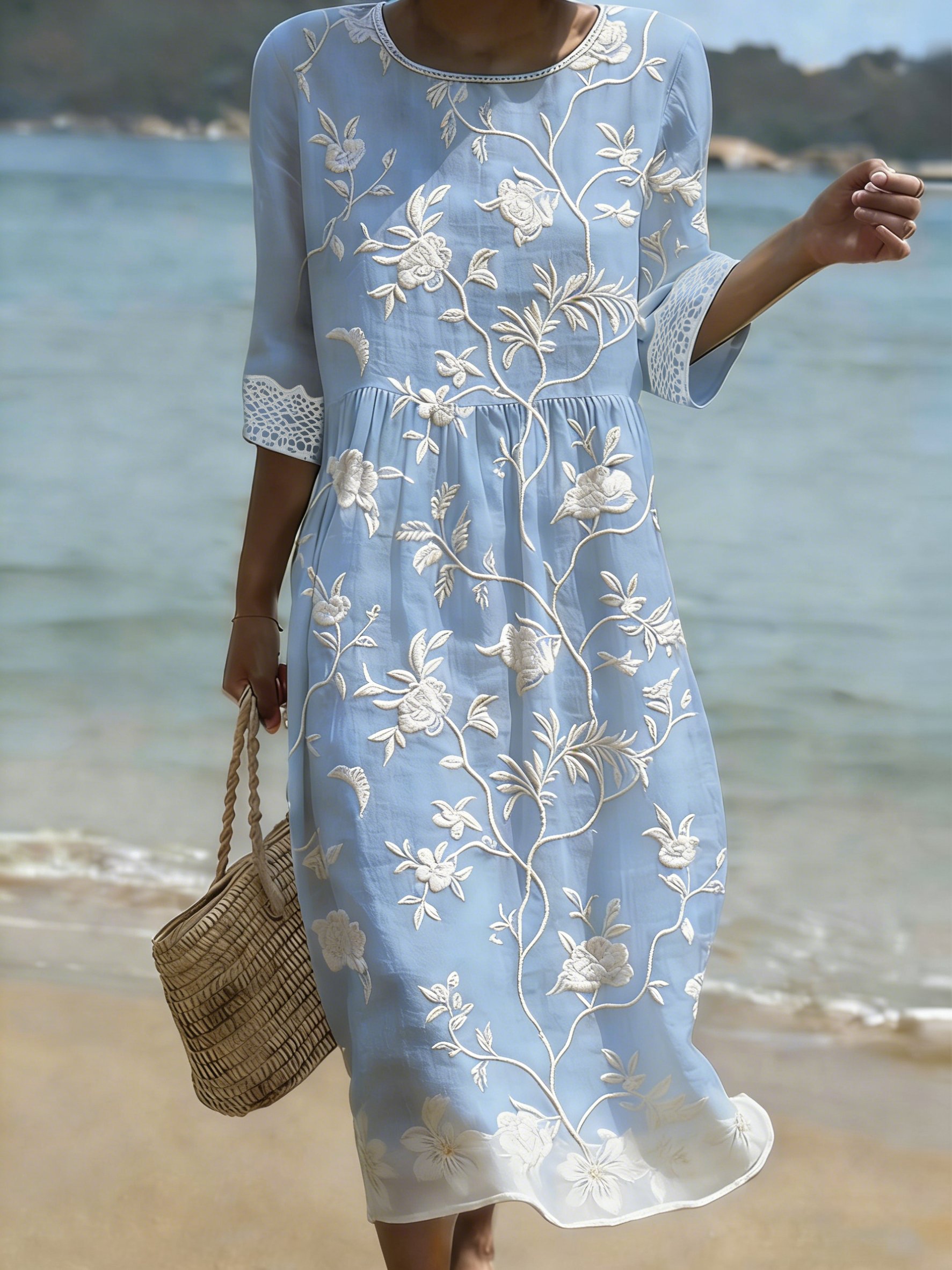 Women's Casual Solid Color Round Neck Mid-Sleeve Floral Print Cotton Linen Dress- Fast Shipping