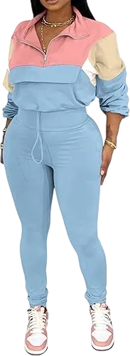 Women's Two Piece Outfits Knit Zip Top Jacket & Elastic Waistband Pant